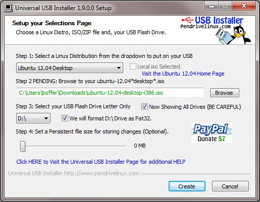 Universal USB Installer user interface