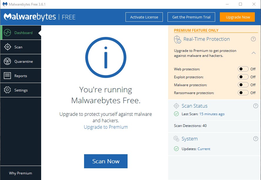 Malwarebytes main dashboard lets you scan and remove malware from your PC.